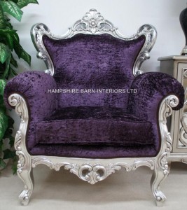 HUGE ROCOCO CHAIR IN SILVER LEAF WITH PURPLE CRUSHED VELVET