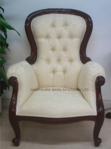 Cabriole Leg Victorian Grandfather Chair mahogany ivory cream damask
