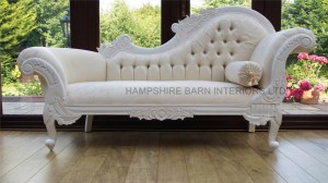 An Antique White Ornate Medium Hampshire Chaise with ivory cream fabric with crystal buttoning 