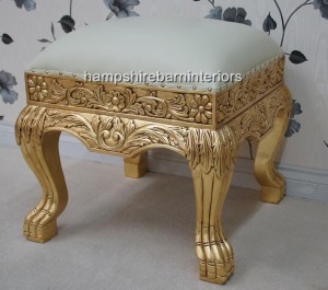creamy white faux leather and gold leaf heavily carved wedding footstool