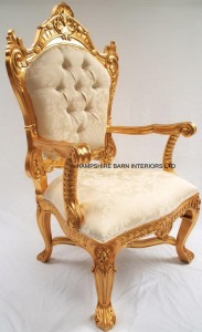 LARGE GOLD THRONE WITH IVORY CREAM FABRIC AND CRYSTAL BUTTONS