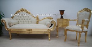 Amberley Chaise Longue Medium Size Ornate Gold leaf with cream fabric 