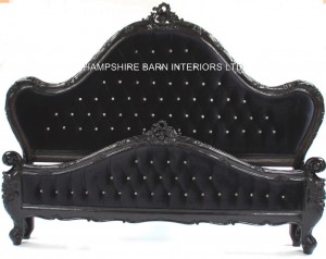 A Charles French Louis Style Bed In Gloss Black and upholstered in black velvet with CRYSTAL buttoning