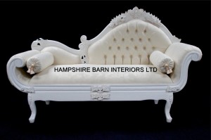 A French Chateau Style Ornate Amberley Medium Chaise Longue in Antique White and ivory fabric