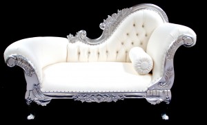 small ornate chaise longue white faux leather with silver leaf frame made to orderby hampshire barn interiors 
