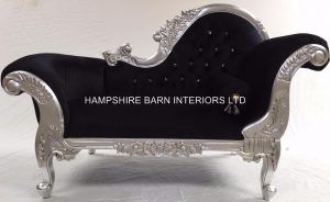 SMALL HAMPSHIRE CHAISE LONGUE IN SILVER LEAF BLACK VELVET AND CRYSTALS