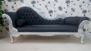Large Silver Hampshire Chaise with silver leaf frame and black faux leather with crystals