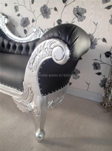 Large Silver Hampshire Chaise with silve leaf frame and black faux leather with crystals.2