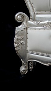 charles ornate bed in silver leaf frame with white faux leather with crystal buttoning