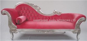 ORNATE PINK AND SILVER LARGE CARVED CHAISE LONGUE