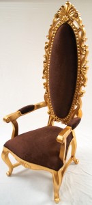 A TALL ELEGANT MILAN THRONE HALL CHAIR FEATURE GOLD LEAF CHOCOLATE BROWN ORNATE