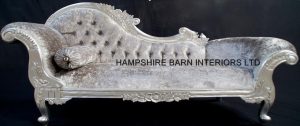 LARGE SILVER LEAF CHAISE LONGUE WITH MERCURY GREY CRUSHED VELVET CRYSTALS