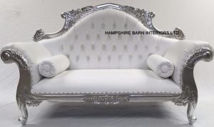 A 1 CHARLES LOUIS CUDDLER LOVE SEAT CHAISE SOFA in SILVER LEAF frame with WHITE FAUX LEATHER 
