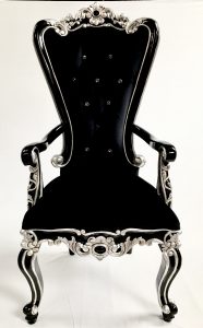 A 1 BLACK MAYFAIR CARVER DINING THRONE BLACK AND SILVER BAROQUE WITH CRYSTAL BUTTONS