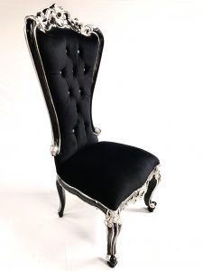 A 1 BLACK MAYFAIR DINING THRONE BLACK AND SILVER BAROQUE WITH CRYSTAL BUTTONS 