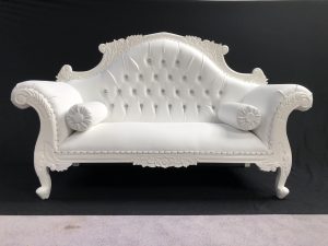 A 1 CHARLES LOUIS CUDDLER LOVE SEAT CHAISE SOFA in WHITE frame with WHITE FAUX LEATHER and crystals