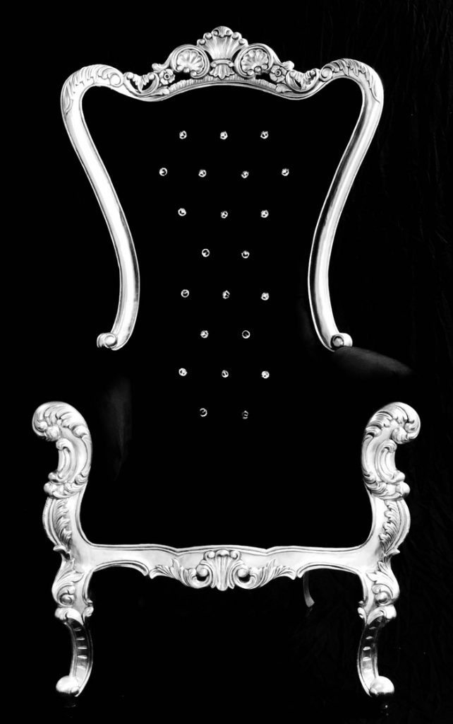A ABSOLEM Huge Tall Throne Chair in SILVER LEAF with black velvet and crystal buttons 