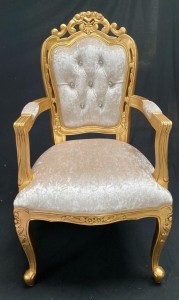 A A 1 Franciscan Wedding or dining chair WITH ARMS GOLD LEAF with ivory cream CRUSHED VELVET fabric with crystal buttons