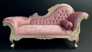 10 CHAISE HAMPSHIRE SOFA in SILVER LEAF FRAME upholstered in BABY PINK CRUSHED VELVET WITH CRYSTAL BUTTONING