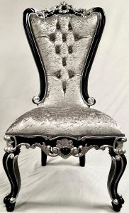 111 MAYFAIR DINING THRONE CHAIR IN BLACK WITH SILVER DETAILING UPHOLSTERED SILVER CRUSHED VELVET CRYSTALS 