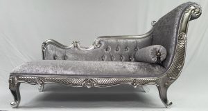 11 AA ARMANI CHAISE LONGUE IN PLATINUM SILVER frame, upholstered in crushed silver velvet SMALLER VERSION